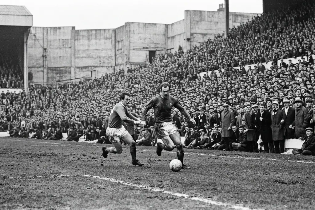Altmışıncı illərin sovet futbol matçının ağ-qara arxiv fotosu, dolu tribuna