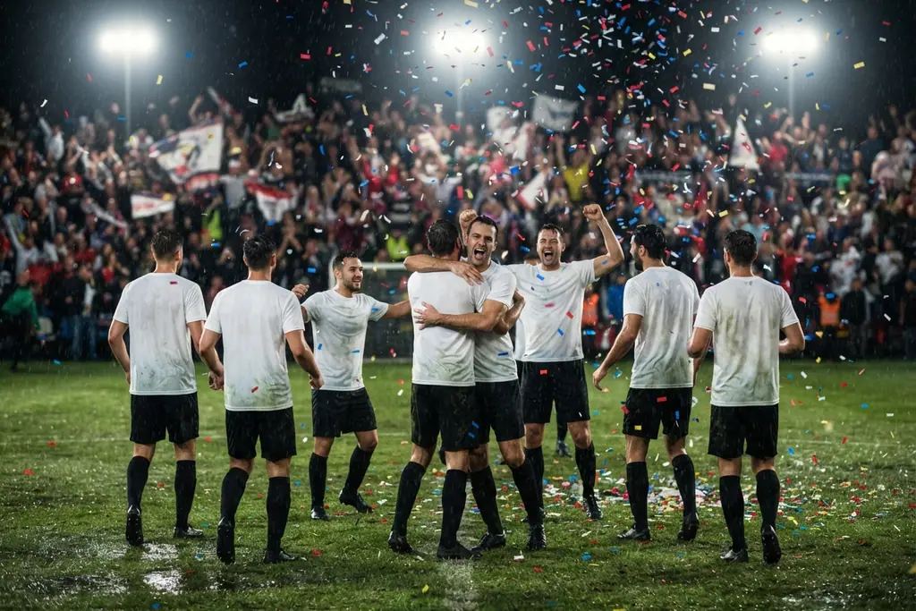 Ağ-qara formada futbolçular gecə meydançasında qələbəni qeyd edirlər